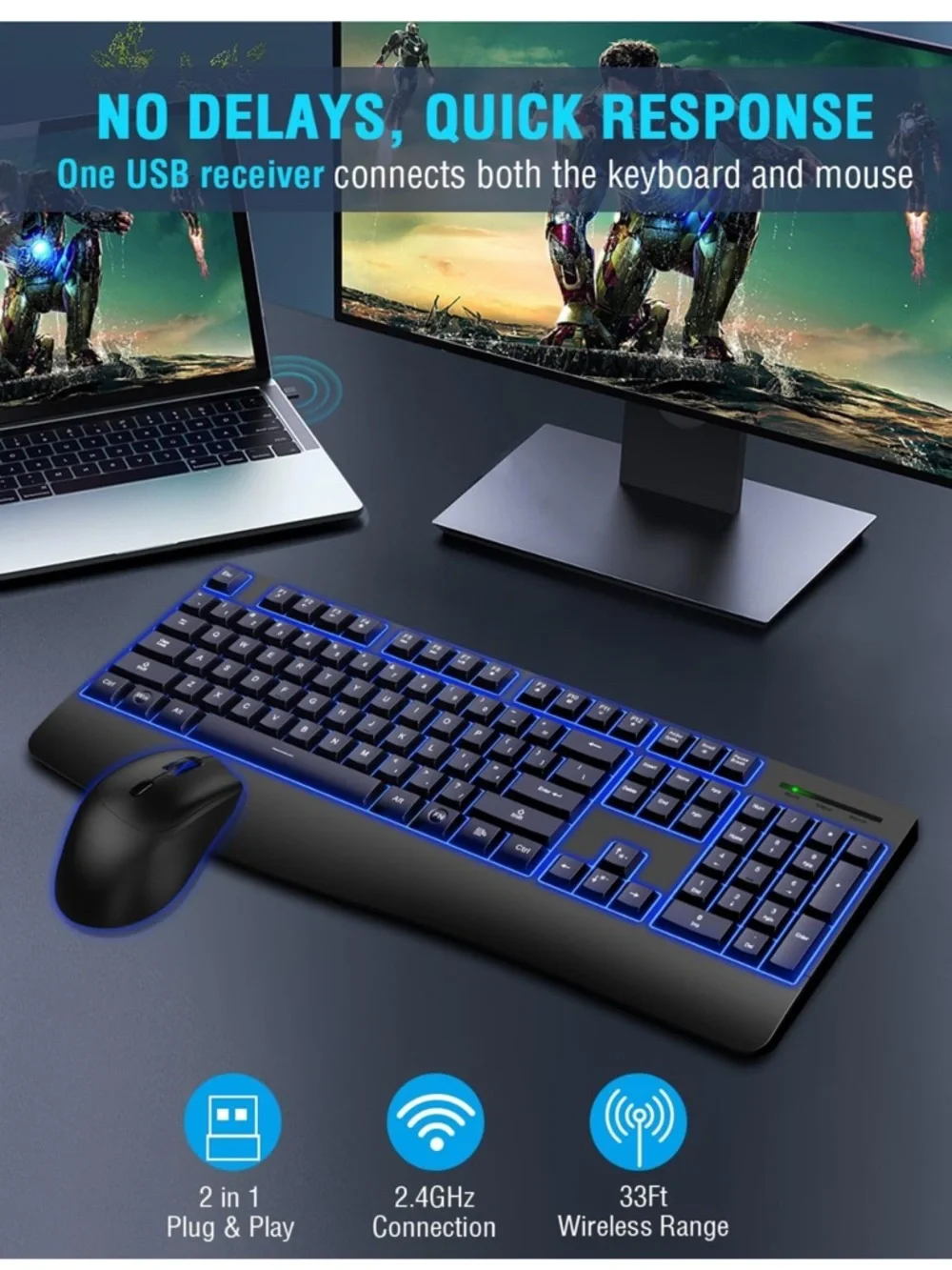 Wireless Keyboard and Mouse combo 7 backlit effect wrist rest sleep mode